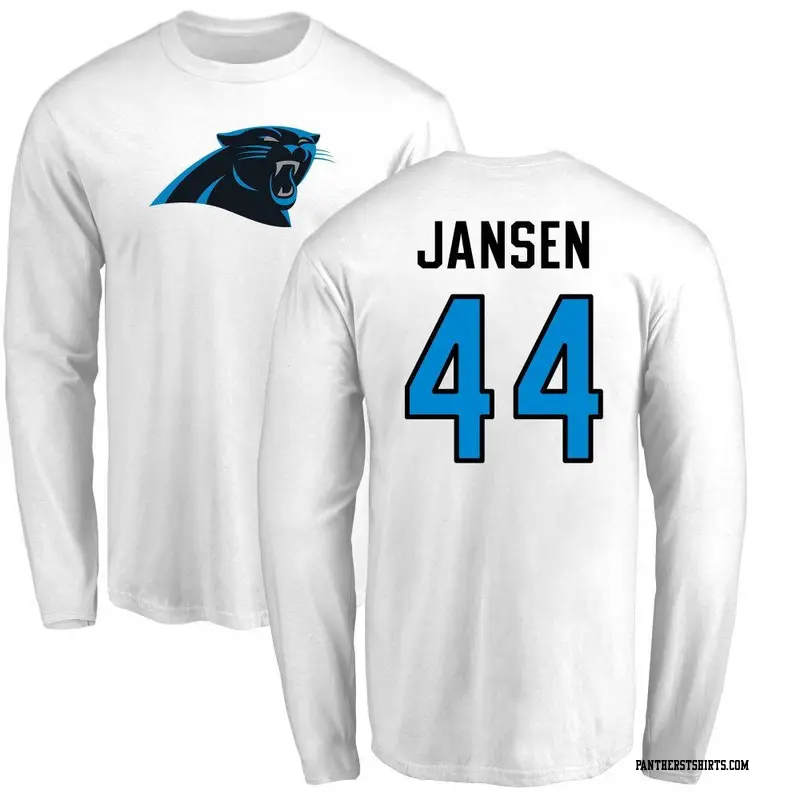 Men's Carolina Panthers ＃44 JJ Jansen White Name & Number Logo Long Sleeve T-Shirt