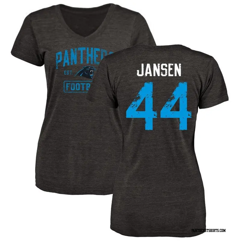 Women's Carolina Panthers ＃44 JJ Jansen Black Distressed Name & Number V-Neck T-Shirt