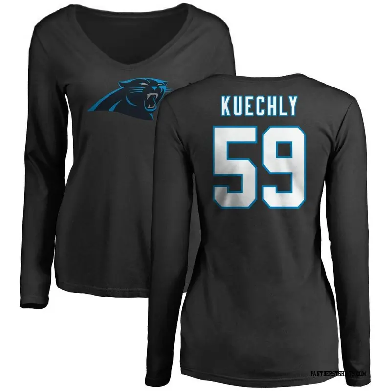 Women's Carolina Panthers ＃59 Luke Kuechly Black Name & Number Logo Slim Fit Long Sleeve T-Shirt