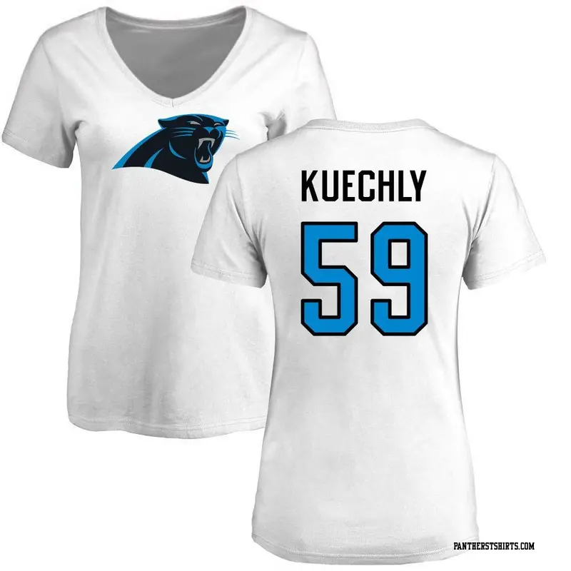 Women's Carolina Panthers ＃59 Luke Kuechly White Name & Number Logo Slim Fit T-Shirt